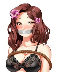 1girls big_breasts bondage bound bra breasts brown_hair consensual_bondage dungeons_and_dragons female flower flower_in_hair gag gagged hazel_eyes nervous original_character razorkun red_hair rosa_crownlocke solo solo_female tape_gag underwear