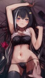 1girls black_bra black_hair black_panties clutching_sheets condom condom_wrapper grabbing_sheets grabbing_thigh grabbing_thighs imminent_sex kyaru_(princess_connect) princess_connect! princess_connect!_re:dive shirt_lift torriet underwear