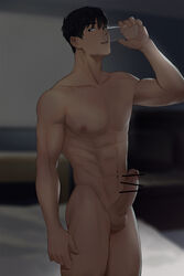 1boy abs bangs bar_censor bed black_hair blurry censored collarbone completely_nude cowboy_shot cup dark depth_of_field drinking erection hand_up highres holding holding_cup indoors large_penis looking_at_viewer male_focus male_only naoki_(xhju8282) navel nipples nude original parted_lips pectorals penis short_hair solo standing testicles toned toned_male