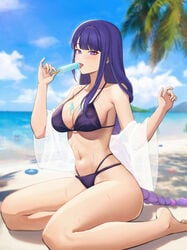 1girls bare_legs barefoot big_breasts bikini blush braid breasts cleavage curvaceous curvy feet female female_only genshin_impact hi_res large_breasts legs licking melting_popsicle mole mole_under_eye popsicle purple_eyes purple_hair raiden_shogun sp123 sweat swimsuit thick_thighs thighs tongue tongue_out