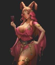 absurdres artist_request blush breasts brown_hair circlet cleavage curvy dark-skinned_female dark_skin earrings eyeshadow final_fantasy final_fantasy_xiv highres huge_breasts jewelry lipstick long_hair looking_at_viewer makeup rabbit_ears red_eyes sleeveless solo tarot thick_thighs viera wide_hips