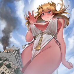 1girls 2021 big_breasts blonde_hair blue_eyes colossus_of_rhodes giantess goddess greek_mythology kkasi00 macro original rule_63 tagme thick_thighs thighs