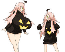 2girls alternate_breast_size big_breasts cute gijinka gourgeist huge_breasts oro_(zetsubou_girl) pink_hair pokemon sweater tagme