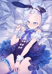 aged_down androgynous angry belaf big_forehead blue_eyes blush bunny_ears burn_scar crossdressing curly_hair embarrassed facial_scar femboy frills garter large_forehead leotard made_in_abyss male male_only male_playboy_bunny maromayu no_eyebrows on_back on_bed ribbon scar silver_hair solo trap wavy_hair white_hair