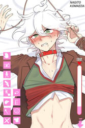 1boy annoyed blush bound bound_wrists clenched_teeth collar danganronpa danganronpa_3 dubious_consent frustrated game green_eyes light-skinned_male light_skin looking_at_viewer male male_focus male_only nagito_komaeda navel on_back on_bed raised_eyebrow restrained school_uniform schoolboy shirt_lift shirt_up smallix solo solo_focus solo_male straight_hair tied tied_up white_hair