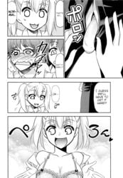 1boy 2girls big_breasts blonde_hair blush bra breasts cleavage clothed clothing comic english_text flaccid forced gamo-chan glasses hi_res imminent_rape kimigabuchi long_hair medium_hair monochrome naoto_hachioji_(senpai) open_mouth please_don't_bully_me,_nagatoro revealing_clothes short_hair simple_background text undressing white_background yoshi_(nagatoro)