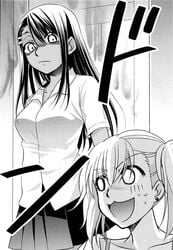 2girls black_hair blonde_hair bra breasts comic female_only hayase_nagatoro imminent_death kimigabuchi long_hair medium_breasts medium_hair monochrome open_mouth please_don't_bully_me,_nagatoro simple_background sweat white_background yoshi_(nagatoro)