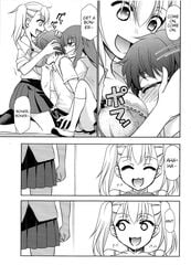 1boy 3girls big_breasts blonde_hair blush bra breasts cleavage closed_eyes clothed clothing comic english_text forced gamo-chan glasses hayase_nagatoro hi_res imminent_rape kimigabuchi long_hair medium_hair monochrome naoto_hachioji_(senpai) open_mouth please_don't_bully_me,_nagatoro revealing_clothes short_hair simple_background sitting text white_background yoshi_(nagatoro)