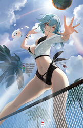 1girls alternate_costume ball bare_legs bare_shoulders beach_volleyball bikini black_bikini blue_hair breasts clenched_teeth cropped_jacket eula_(genshin_impact) from_below genshin_impact hairband jacket jewelry jumping lens_flare long_hair looking_at_viewer mole mole_on_thigh mouth_hold navel nikusenpai off_shoulder open_clothes open_jacket parted_lips red_eyes ring short_sleeves solo sun sunlight swimsuit teeth tree volleyball white_hairband white_jacket wristband