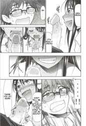 1boy 1girls big_penis black_hair blush clenched_teeth clothed clothing comic english_text erection glasses hayase_nagatoro hi_res imminent_oral imminent_sex kimigabuchi licking_penis long_hair monochrome naoto_hachioji_(senpai) naughty_face nervous open_mouth oral pants_down penis please_don't_bully_me,_nagatoro provocative revealing_clothes school_uniform schoolgirl short_hair shy simple_background teasing teenager text tongue_out white_background