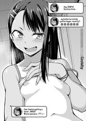 1girls black_hair blush breasts detailed_background english_text female_focus female_only ghettoyouth hayase_nagatoro hi_res long_hair monochrome nipples open_mouth please_don't_bully_me,_nagatoro shirt_lift small_breasts solo tanline tanned teenage_areola teenage_tits text watermark