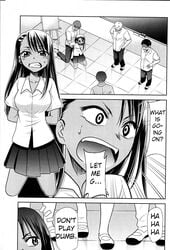 4boys 4girls black_hair breasts clothed clothing comic english_text hayase_nagatoro hi_res kimigabuchi long_hair medium_breasts monochrome open_mouth please_don't_bully_me,_nagatoro revealing_clothes short_hair simple_background text white_background