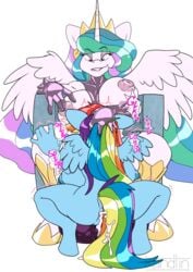 absurd_res alicorn anthro anthrofied anus areola balls big_balls bodily_fluids breasts chair clothing cum cum_through equid equine eyeshadow fellatio female friendship_is_magic furniture futanari genital_fluids genitals gloves gynomorph gynomorph/female hair handwear hasbro hi_res horn huge_balls intersex intersex/female kandlin lips lipstick makeup mammal multicolored_hair multicolored_tail my_little_pony nipples oral pegasus penile pink_eyeshadow pink_lips pink_lipstick princess_celestia_(mlp) pussy rainbow_dash_(mlp) rainbow_hair rainbow_tail rape rubber sex sitting sound_effects straight_hair throne whitekitten wings