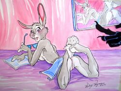 2016 anthro anus ass bent_arm bent_legs black_body black_fur blue_eyewear blue_sunglasses blue_towel blush breasts canid canine cellphone disembodied_hand disney duo eyewear eyewear_only feet_together female fox fur genitals glasses grey_body grey_fur holding_eyewear holding_object holding_phone judy_hopps lagomorph leporid looking_back lying magazine male male/female mammal medium_breasts mostly_offscreen_character nick_wilde nude on_front open_mouth phone pink_background pink_nose purple_bedding purple_eyes pussy rabbit raised_foot raised_hand raised_shoulder sexting signature simple_background smartphone solo_focus spread_legs spreading sunglasses sunglasses_only surprise towel towel_only traditional_media_(artwork) vicky_wyman white_body white_breasts white_fur white_pussy zootopia