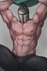 1boy armor arms_up bara bearer_of_the_curse d_bdbd dark_souls dark_souls_2 fromsoftware helmet knight male male_only mask muscular muscular_male solo spread_legs sweat topless undressing