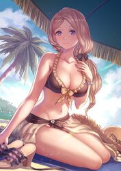 1girls alternate_costume anbe_yoshirou bare_arms bare_midriff bare_shoulders bare_thighs beach belly big_breasts bikini black_bikini black_swimsuit blonde_hair breasts brown_bikini brown_swimsuit calm cleavage collarbone day female female_focus female_only fire_emblem fire_emblem:_three_houses fire_emblem_heroes frills front-tie_bikini front-tie_top hair_over_shoulder hand_to_chest hat highres human human_focus human_only large_breasts light-skinned_female light_skin long_hair looking_at_viewer mercedes_von_martritz mercedes_von_martritz_(summer) midriff navel nintendo outdoors outside palm_tree peaceful ponytail purple_eyes relaxed relaxing sarong shoes shoes_removed side_ponytail sitting solo solo_female solo_focus stomach sun_hat sunny swimsuit thick thick_thighs thighs tree umbrella wholesome y_ambe