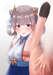 arm_up armpit_sex armpits blush breasts bulge censored clothed_female_nude_male embarrassed female flying_sweatdrops gold_trim grey_hair hair_ornament highres idolmaster idolmaster_cinderella_girls idolmaster_shiny_colors kata2yama long_hair looking_at_another looking_to_the_side medium_breasts mosaic_censoring nude open_mouth penis penis_to_breast penis_under_another's_clothes presenting_armpit purple_eyes sideboob small_penis smile sweat transparent yukoku_kiriko