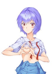 1girls artist_request blue_hair blush bra breast_squeeze breasts clothing collarbone eyebrows_visible_through_hair female female_only heart heart-shaped_boob_challenge heart-shaped_breast_challenge heart_hands medium_breasts neon_genesis_evangelion red_eyes rei_ayanami school_uniform shirt_lift short_hair solo solo_female