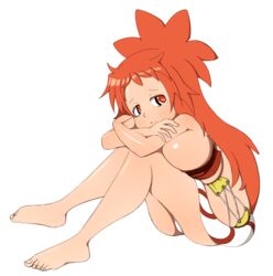 barefoot big_breasts bikini_top breast_squish bursting_breasts female female_only long_hair made_in_abyss mitty red_eyes red_hair sad sitting solo tears