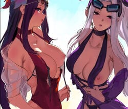 2girls bikini blush choker eyewear_on_head flower hair_flower hair_ornament irelia_xan large_breasts league_of_legends long_hair looking_at_viewer looking_to_the_side multiple_girls nipple_slip one_breast_out open_mouth pd pink_eyes pool_party_irelia pool_party_series pool_party_syndra purple_eyes purple_hair shawl strap_pull sunglasses_on_head swimsuit syndra white_hair