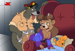 anthro bad_parenting baloo bodily_fluids cum cum_on_face daughter disney duo female genital_fluids jk looking_back male male/female mammal mature_female molly_cunningham mother mother_and_child mother_and_daughter nipples panties_around_legs parent parent_and_child rebecca_cunningham sleeping talespin ursid