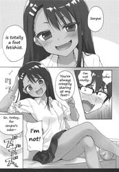 1boy 1girls black_hair blush clothed clothing comic english_text glasses hayase_nagatoro hi_res long_hair looking_at_viewer monochrome naoto_hachioji_(senpai) open_mouth please_don't_bully_me,_nagatoro pose revealing_clothes right_to_left ryohka short_hair simple_background sitting text white_background