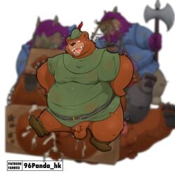 1:1 2021 96panda absurd_res anthro ass balls bodily_fluids brown_body brown_fur clothed clothing cum cum_on_butt disney fat fur genital_fluids genitals group hat headgear headwear hi_res kemono little_john male male_only mammal obese obese_anthro obese_male overweight overweight_anthro overweight_male penis rhino_guard rhinocerotoid robin_hood_(disney) sheriff_of_nottingham simple_background small_penis solo_focus ursid weapon white_background