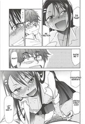 1boy 1girls black_hair blush bra breasts bulge clothed clothing comic english_text erection fondling glasses hayase_nagatoro hi_res imminent_oral imminent_sex kimigabuchi long_hair medium_breasts monochrome naoto_hachioji_(senpai) naughty_face nervous open_mouth oral penis please_don't_bully_me,_nagatoro revealing_clothes school_uniform schoolgirl short_hair shy simple_background teasing teenager text white_background