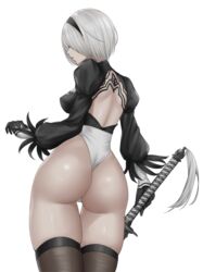 1girls android emotionless expressionless female female_focus female_only kuronerinka nier:_automata robot robot_girl solo tagme thighhighs white_background yorha_2b