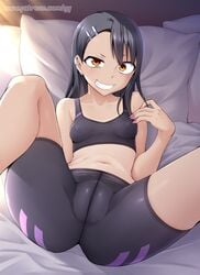 1girls bed bike_shorts black_hair blush breasts brown_eyes clothed clothing female_focus female_only ghettoyouth hayase_nagatoro hi_res long_hair looking_at_viewer on_back on_bed please_don't_bully_me,_nagatoro revealing_clothes simple_background small_breasts smile solo spread_legs watermark wide_hips