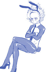 arms_crossed belaf bunny_ears bunny_tail crossdressing curly_hair embarrassed femboy high_heels legs_crossed made_in_abyss male male_only male_playboy_bunny maromayu monochrome neck_tuft reverse_bunnysuit sitting solo sweatdrop trap wavy_hair