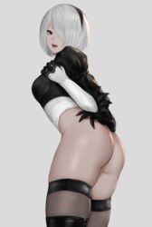 1girls kuronerinka nier:_automata solo tagme thighhighs white_hair yorha_2b