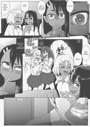 1boy 4girls big_breasts black_hair blonde_hair blush breasts clothed clothing comic drugged english_text gamo-chan glasses hayase_nagatoro hi_res long_hair medium_hair monochrome open_mouth please_don't_bully_me,_nagatoro revealing_clothes sakura's_stalker_(nagatoro) sakura_(nagatoro) simple_background small_breasts smile text tyronestash ugly_man white_background yoshi_(nagatoro)