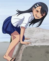 1girls black_hair brown_eyes clothed clothing conejologia female_focus female_only grey_background hayase_nagatoro hi_res long_hair looking_at_viewer open_mouth outside please_don't_bully_me,_nagatoro revealing_clothes simple_background smile solo watermark