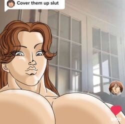 1boy areolae artist_request baki baki_hanma baki_no_context baki_the_grappler big_breasts big_pecs black_eyes breasts cover_them_up_slut exposed_pecs grappler_baki kureha_shinogi male male_only meme no_shirt pecs pectorals realistic_background shiny_skin smile tiktok white_skin