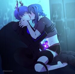 2boys antlers blue_hair blush blushing closed_eyes clothed clothes clothing crop_top demon eyes_closed gay human kiss kiss_on_lips kissing leviathan_(obey_me) male male_only monster naga obey_me!_one_master_to_rule_them_all oc pleasure_face shoknsfw short_shorts shorts sitting_on_lap tentacle tentacles tongue tongue_kiss