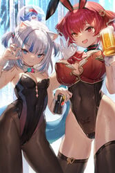 2girls :d alcohol anchor_hair_ornament animal_ears ass_visible_through_thighs bangs bare_shoulders beer beer_mug big_breasts black_hairband black_legwear black_leotard bloop_(gawr_gura) blue_eyes blue_hair blunt_bangs blush breasts brown_legwear bubble bunnysuit can cat_ears claw_pose cleavage closed_mouth contrapposto covered_navel cowboy_shot crop_top cup detached_collar eyebrows_visible_through_hair fake_animal_ears fish_tail gawr_gura gloves hair_ornament hairband heart heterochromia highleg highleg_leotard highres holding holding_can hololive hololive_english hololive_fantasy hololive_japan hololive_myth houshou_marine large_breasts leotard long_hair looking_at_viewer mug multicolored_hair multiple_girls nail_polish oerba_yun_fang open_mouth orange_eyes pantyhose pepsi playboy_bunny playboy_bunny_leotard pubic_tattoo purple_nails rabbit_ears red_eyes red_hair shark_tail silver_hair skin_fang small_breasts smile soda_can standing strapless strapless_leotard streaked_hair tail tattoo thighhighs thighs twintails two-tone_hair virtual_youtuber white_gloves white_hair whoisshe wrist_cuffs