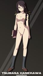 1girls ass_visible_through_thighs bakemonogatari black_hair book breasts female glasses grey_eyes hanekawa_tsubasa holding holding_book holding_object long_socks medium_hair monogatari_(series) nipples oryononilocram pussy shoes solo vagina white_skin