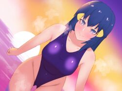 1girls blue_eyes cameltoe clothing dawn_(pokemon) diagonal_angle human looking_at_viewer partially_visible_vulva pibu png pokemon pokemon_dppt purple_clothing purple_rubber purple_swimsuit rubber rubber_clothing smiling solo_female steamy swimsuit