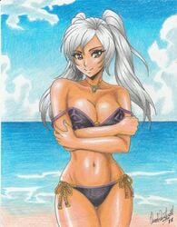 1girls 2018 alluring alternate_costume beach bikini black_bikini black_swimsuit breasts cleavage female female_only fire_emblem fire_emblem_awakening grey_hair large_breasts looking_at_viewer medium_hair necklace nintendo ocean off_shoulder orange_eyes outdoors outside ravern_clouk robin_(fire_emblem) robin_(fire_emblem)_(female) sand smile solo swimsuit twintails undressing water white_hair