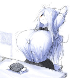 2b213 ahoge big_breasts blush breasts female hair_over_one_eye huge_breasts mei_(2b213) school_uniform schoolgirl stretching turtle