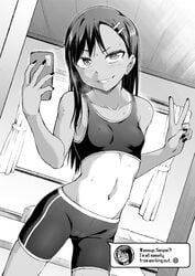 1girls bike_shorts black_hair blush cameltoe comic english_text female_focus female_only ghettoyouth hayase_nagatoro heavy_breathing hi_res long_hair looking_at_viewer monochrome navel peace_sign phone please_don't_bully_me,_nagatoro pose selfie simple_background smile solo sweat tanline tanned text white_background