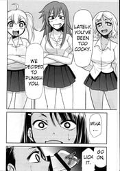 1boy 4girls big_penis black_hair breasts censor_bar clothed clothing comic english_text erection gamo-chan hayase_nagatoro hi_res imminent_rape kimigabuchi long_hair medium_breasts medium_hair monochrome open_mouth penis please_don't_bully_me,_nagatoro revealing_clothes sakura_(nagatoro) short_hair simple_background text white_background yoshi_(nagatoro)