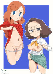 2girls annoyed blue_eyes breasts brown_eyes brown_hair emiliana_perfetti glasses katrielle_layton layton's_mystery_journey mizukane multiple_girls nipples no_bra no_panties orange_hair professor_layton pussy small_breasts tagme white_panties