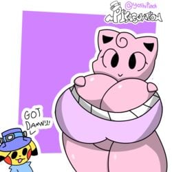 2021 :> :3 anthro big_breasts big_thighs breasts cleavage female female_only jigglypuff meme nintendo pikachu pikaguation pokemon pokemon_(species) pokemon_rgby simple_background surprised text thick_thighs thighs top_hat tophat watermark