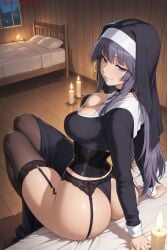 1girl ai_generated alcohol asama_miya ass black_legwear bottle breasts candle cleavage cup garter_belt garter_straps habit hi_res high_quality high_resolution indoors kiraamane lace-trimmed_legwear large_breasts long_hair looking_at_viewer nun patreon purple_eyes seductive sekirei sexy sitting smile solo thighhighs uncensored watermark wooden_floor