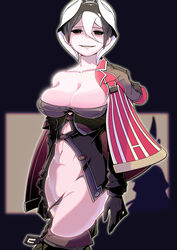 big_breasts black_and_white_hair black_eyes black_hair cleavage clothing creepy_smile empty_eyes female female_only kingofbandit156 looking_at_viewer made_in_abyss mob_face off_shoulder ozen panties_down pants_down panty_pull partially_undressed revealing_clothes short_hair smile solo two_tone_hair undersized_clothes undressing wearing_others_clothes white_hair