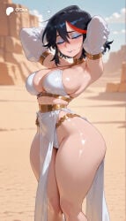 1girl 1girls absurd_res absurdres ai_generated alternate_costume armpits arms_behind_head arms_up ass bare_shoulders big_ass big_breasts bikini black_hair blue_eyes blue_eyeshadow blue_sky blurred_background blurry blurry_background blush breasts cameltoe cartoon cartoony cleavage closed_eyes curvy dancer day depth_of_field desert detached_sleeves earrings eyeliner eyeshadow feet_out_of_frame female female_focus gold_choker hair_between_eyes harem_outfit hi_res high_quality high_resolution highres hoop_earrings jewelry kill_la_kill large_ass large_breasts long_sleeves looking_at_viewer makeup matoi_ryuuko multicolored_hair neck_ring odexai outdoors parted_lips pelvic_curtain red_hair revealing_clothes ryuko_matoi sand see_through short_hair sideboob sky small_waist solo solo_focus standing straight streaked_hair sweat thick_thighs thighs thin_waist two_tone_hair underwear white_panties white_sleeves wide_hips