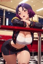 1girl ai_generated belt black_jacket black_skirt breasts checkered checkered_floor cropped_jacket gloves hi_res high_quality high_resolution indoors jacket kiraamane large_breasts mato_seihei_no_slave midriff miniskirt navel open_clothes open_jacket open_mouth patreon pencil_skirt purple_hair red_eyes seductive sexy shiny shiny_skin short_hair skirt solo tile_floor tiles uncensored watermark yakumo_ezo