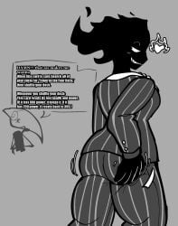 2d 2d_(artwork) blox_cards briggeybruh clothed dialogue fancy_clothing flame_hair heart heart_symbol hearts_around_head monochrome roblox roblox_game seductive seductive_look squeezing squeezing_butt striped_clothing striped_legwear tagme tagme_(character)
